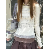 Y2K Aesthetic Long Sleeve Crop Top – Lace Grunge Print T-Shirt