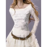 Y2K Aesthetic Long Sleeve Crop Top – Lace Grunge Print T-Shirt
