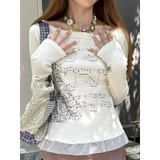 Y2K Aesthetic Long Sleeve Crop Top – Lace Grunge Print T-Shirt