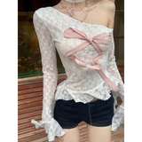 Lace Off-Shoulder Top – Y2K Bow Sweet Aesthetic