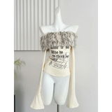 Y2K Coquette Off-Shoulder Top – Faux Fur Trim Long Sleeve
