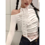 Lace Patchwork Off-Shoulder Top – Y2K Elegant Long Sleeve