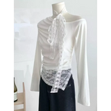 Lace Patchwork Off-Shoulder Top – Y2K Elegant Long Sleeve