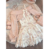 Y2K Sweet Bow Corduroy Top & Floral Dress Set – Gentle Slim Fit
