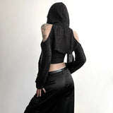 Y2K Grunge Black Hollow Out Hoodie – Slim Fit Long Sleeve Tee