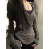 V-Neck Long Sleeve Tee – Y2K Grunge Slim Fit Layered Top