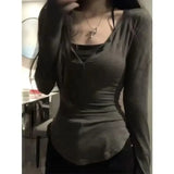 V-Neck Long Sleeve Tee – Y2K Grunge Slim Fit Layered Top