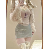 Kawaii Faux Fur Coat & Mini Skirt Set – Y2K Harajuku Outfit