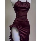 Y2K Sexy Halter Dress - Ruffled High-Slit Spice Girl Gown