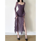 Sheer Mesh Ruffle Dress – Y2K Slim Fit High Slit Aesthetic