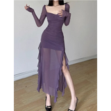 Sheer Mesh Ruffle Dress – Y2K Slim Fit High Slit Aesthetic