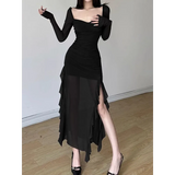 Sheer Mesh Ruffle Dress – Y2K Slim Fit High Slit Aesthetic