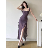 Sheer Mesh Ruffle Dress – Y2K Slim Fit High Slit Aesthetic
