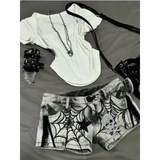 Y2K Punk Spider Web Denim Shorts – Low Waist Skull Star Print