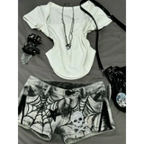 Y2K Punk Spider Web Denim Shorts – Low Waist Skull Star Print