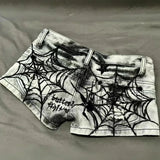 Y2K Punk Spider Web Denim Shorts – Low Waist Skull Star Print