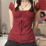 Red Square Collar Crop Top - Y2K Vintage Fairy Grunge Tee